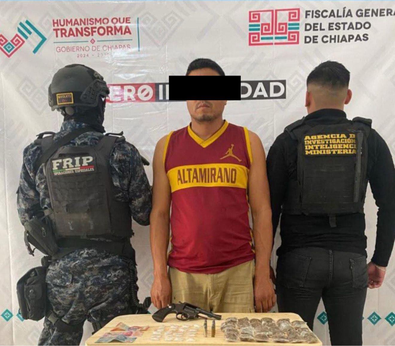 SSP Y FGE detiene a un masculino con arma de fuego y presuntos narcóticos en Mazapa de Madero.