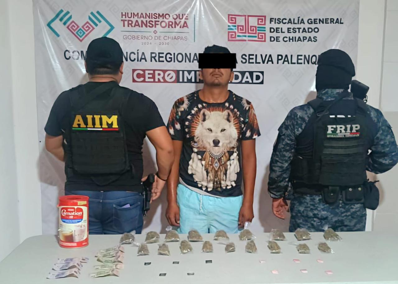 SSP y FGE detienen a masculino por posesión de presuntos narcóticos en Palenque.