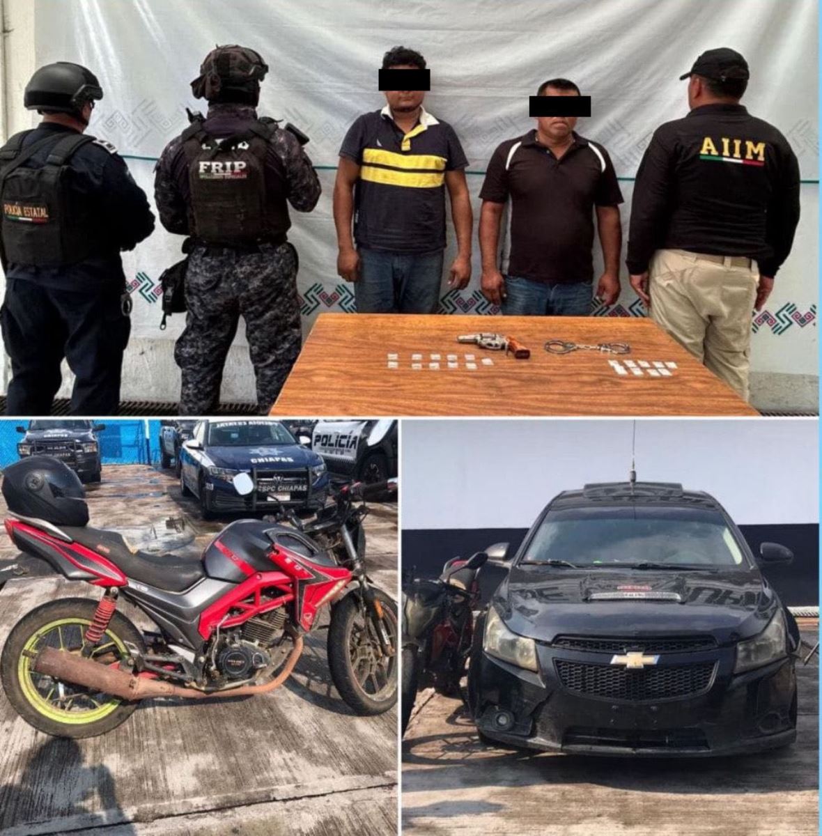 SSP y FGE detienen a tres personas con armas de fuego y presuntos narcóticos en Tapachula y Palenque.