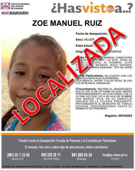 La Secretaría de Seguridad del Pueblo informa que se presentó ante la FGE a la niña de identidad reservada