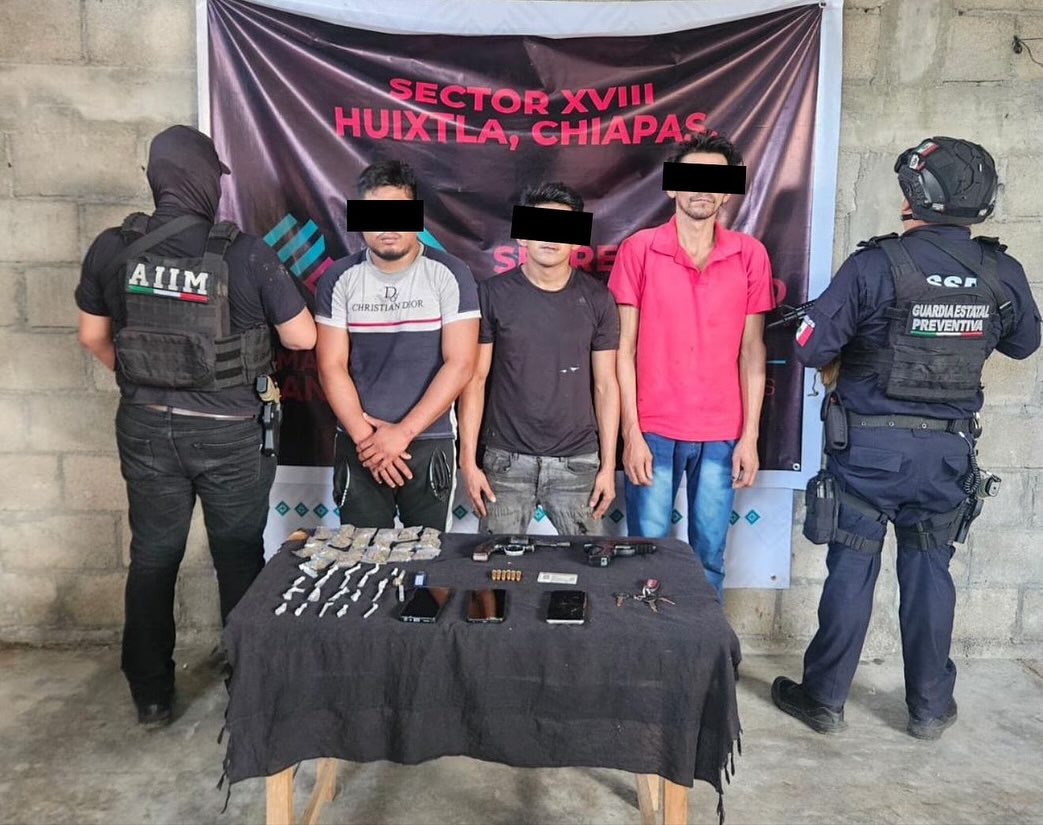 SSP y FGE detienen a tres personas con armas de fuego y presuntos narcóticos en Mapastepec