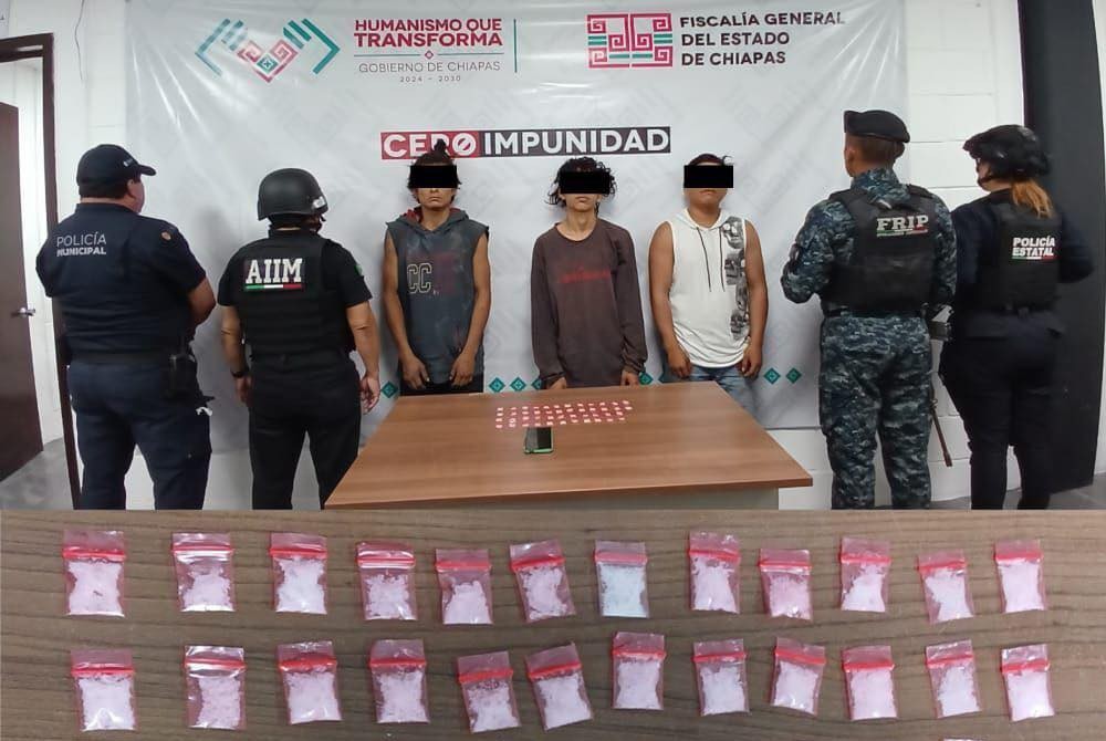 SSP y FGE detienen a tres personas por presunta posesión de narcóticos en Tuxtla Gutiérrez