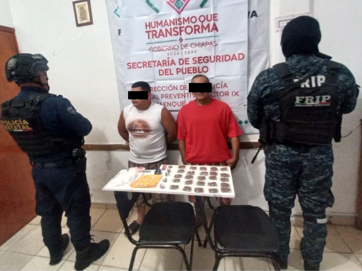 En operativo de seguridad detienen a dos masculinos por presunto delito contra la salud en Palenque.