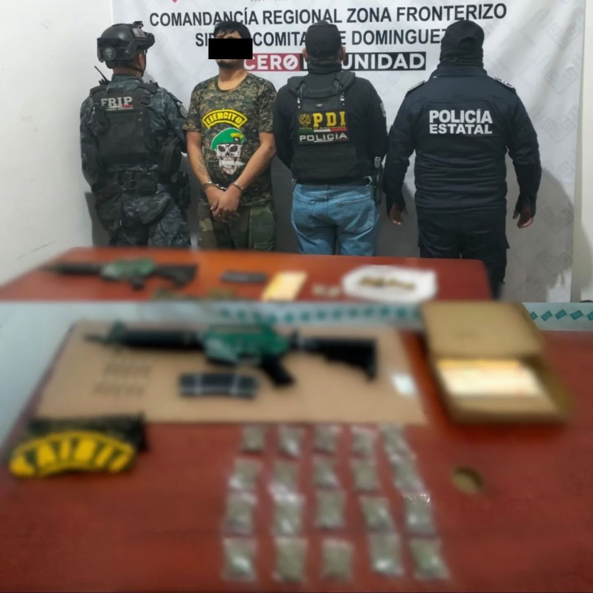 SSP y FGE, detienen a masculino con drogas, explosivos, uniformes y arma de alto calibre en Frontera comalapa