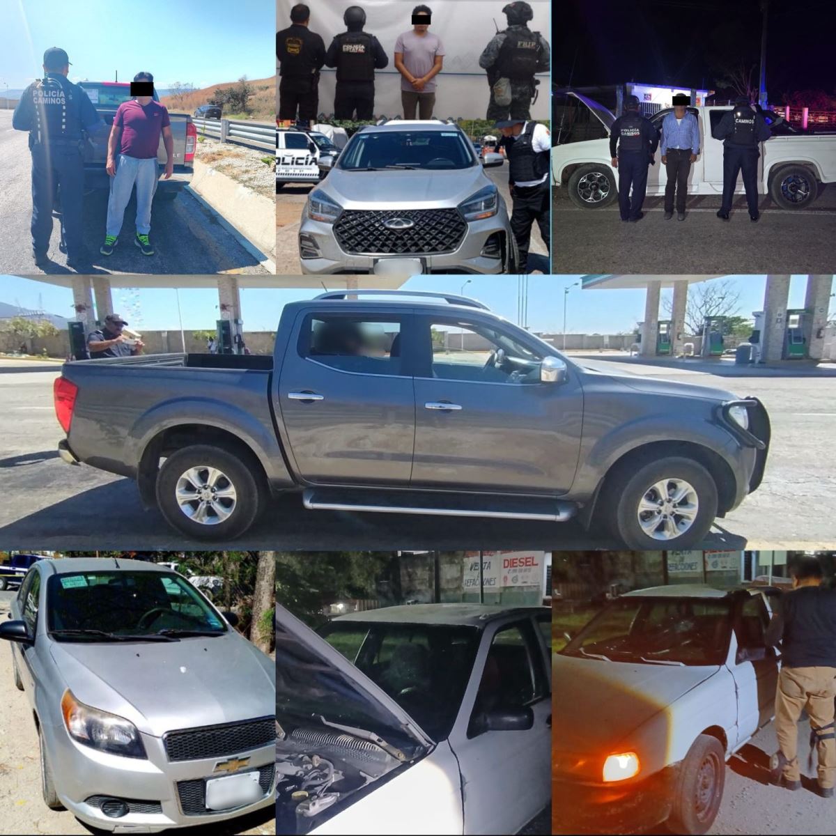 SSP y FGE detiene a tres personas por presunto robo de vehículos y aseguran cinco unidades en diferentes municipios