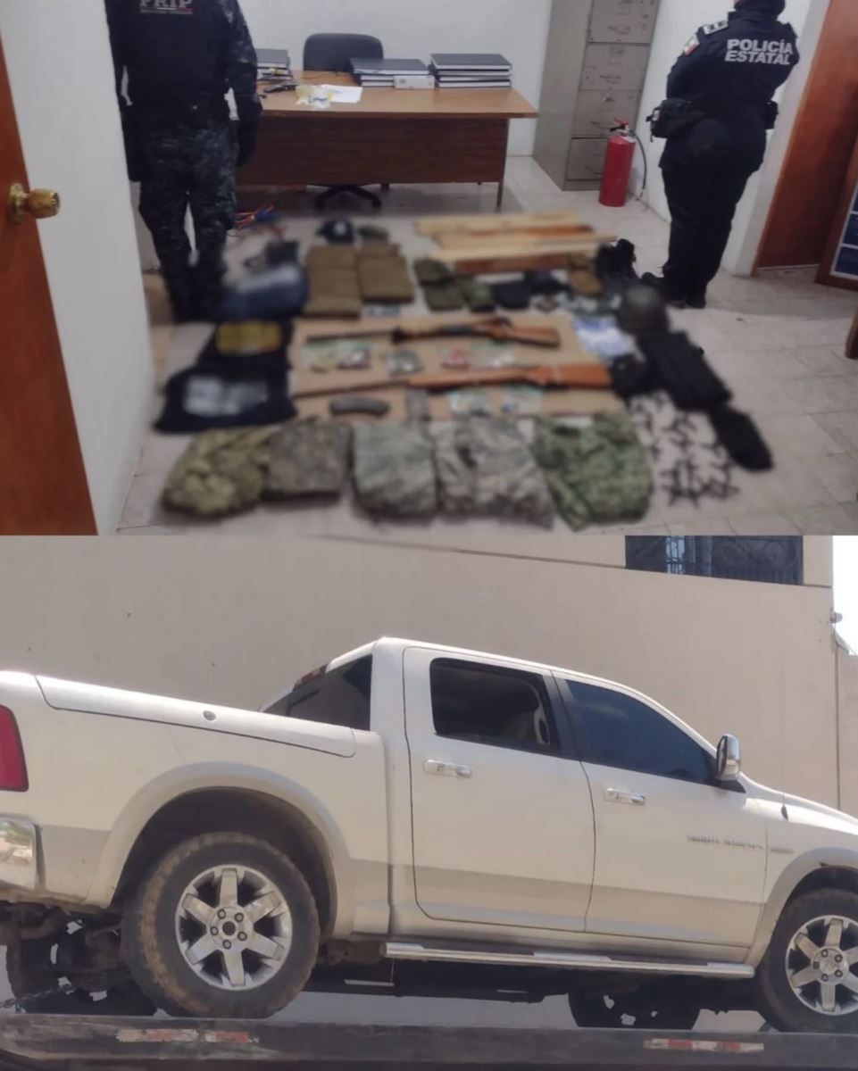 SSP y FGE aseguran vehículo con armas, cartuchos útiles, droga y uniformes en Comitán.